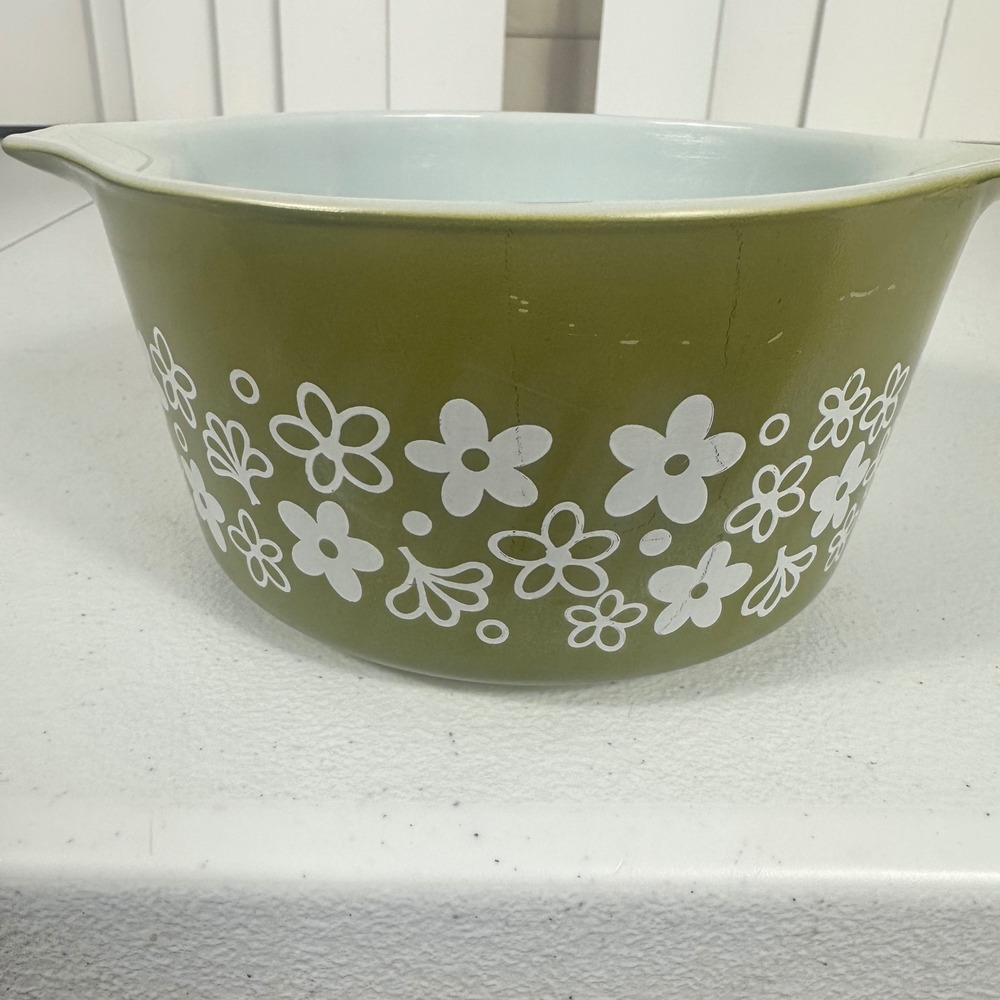 Pyrex 473 Casserole Dish 1 Qt Green Spring Blossom Crazy Daisy Vintage